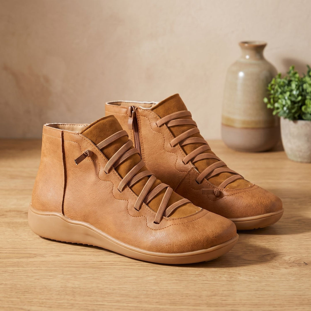 Damen Stiefeletten flache Kunstleder Ankle Boots mit Reißverschluss - Braun