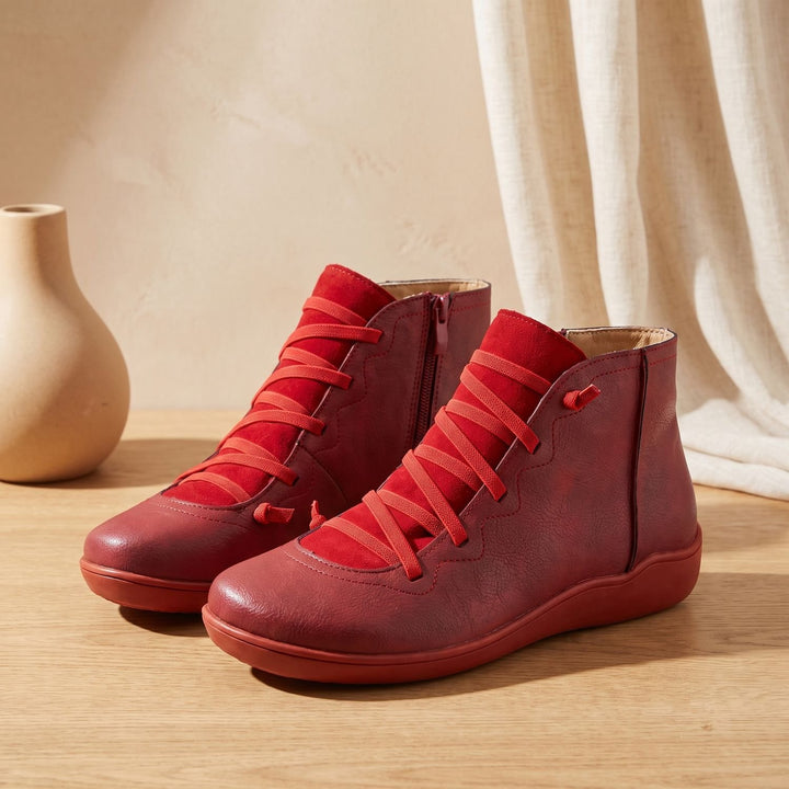 Damen Stiefeletten flache Kunstleder Ankle Boots mit Reißverschluss - Rot