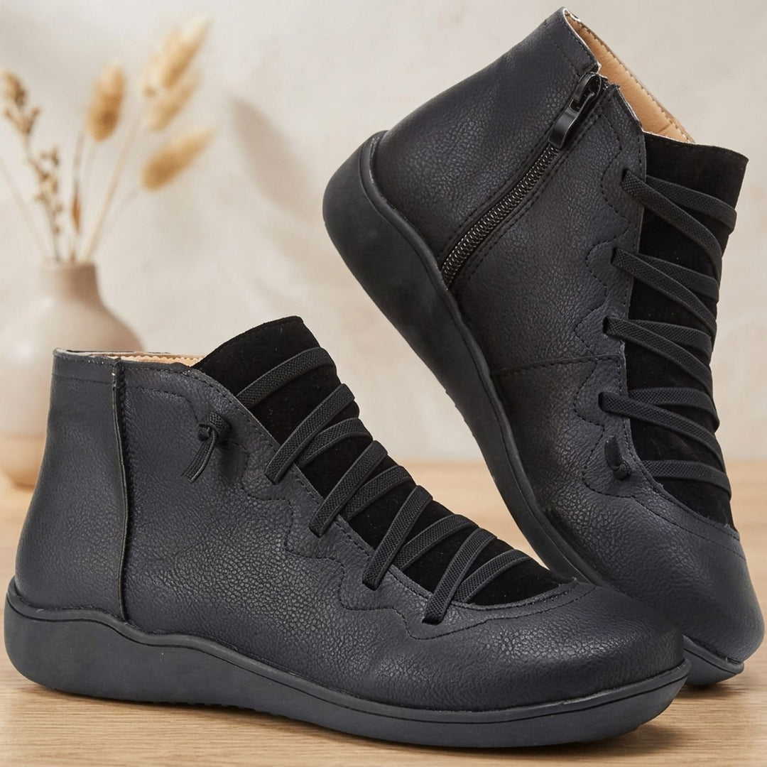 Damen Stiefeletten flache Kunstleder Ankle Boots mit Reißverschluss - Schwarz