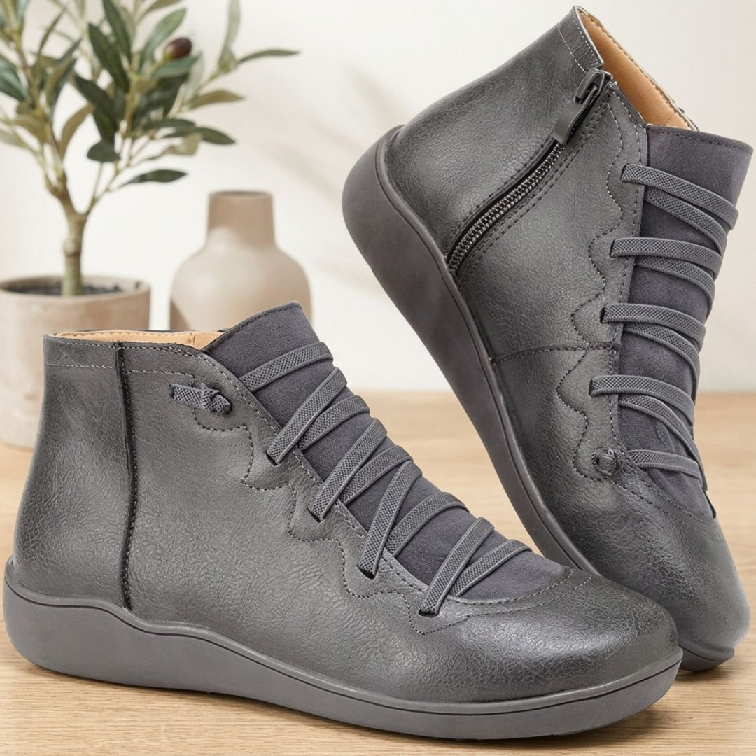 Damen Stiefeletten flache Kunstleder Ankle Boots mit Reißverschluss - Grau