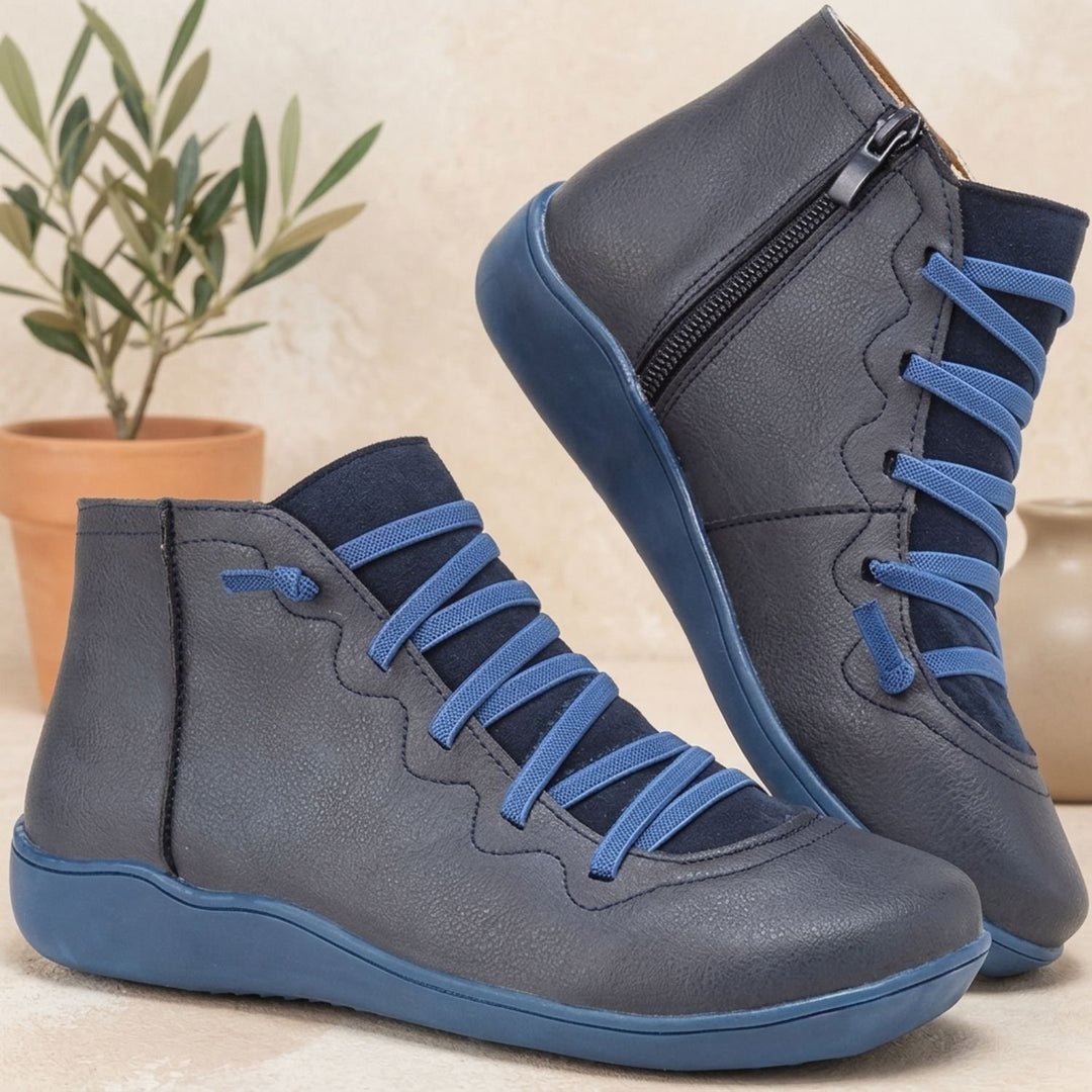 Damen Stiefeletten flache Kunstleder Ankle Boots mit Reißverschluss - Blau