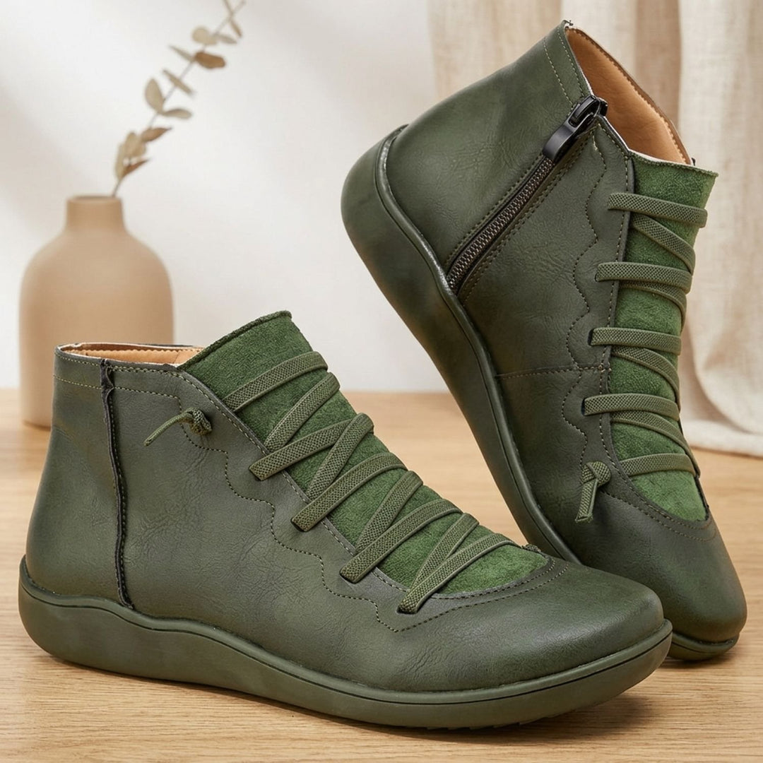 Damen Stiefeletten flache Kunstleder Ankle Boots mit Reißverschluss - Grün