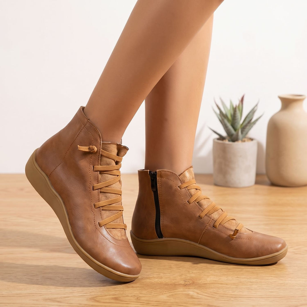Damen Stiefeletten flache Kunstleder Ankle Boots mit Reißverschluss