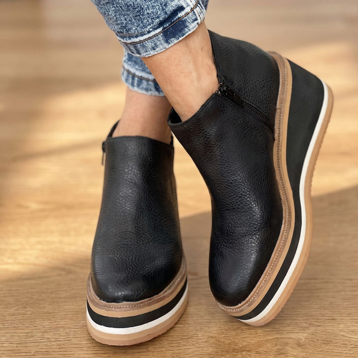 Damen Stiefeletten Keilabsatz Plateau Slip-on Kunstleder