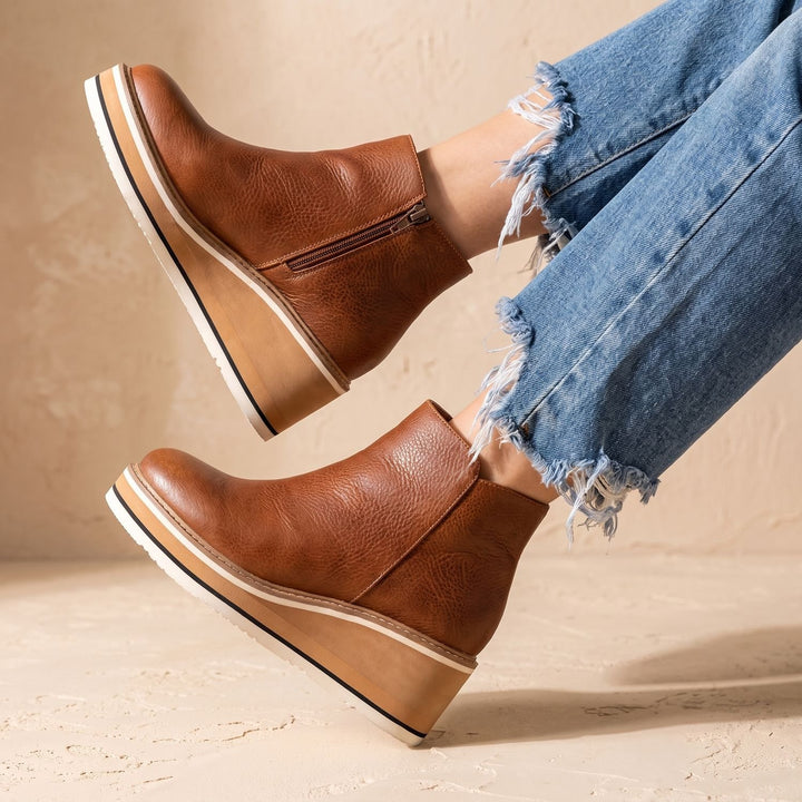 Damen Stiefeletten Keilabsatz Plateau Slip-on Kunstleder