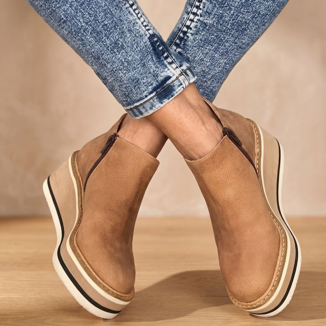 Damen Stiefeletten Keilabsatz Plateau Slip-on Kunstleder