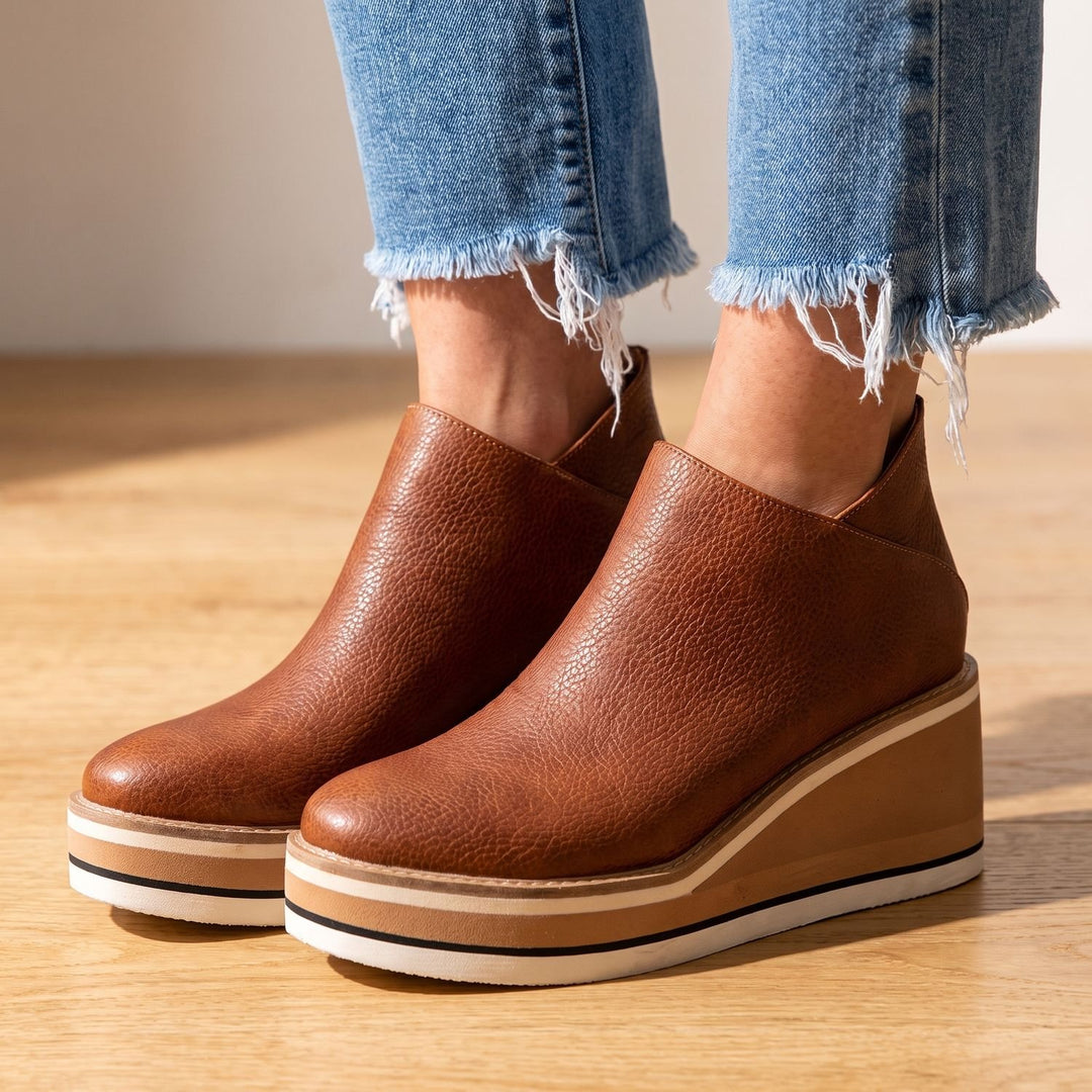 Damen Stiefeletten Keilabsatz Plateau Slip-on Kunstleder - Kaffeebraun