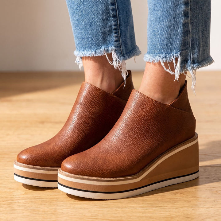 Damen Stiefeletten Keilabsatz Plateau Slip-on Kunstleder - Kaffeebraun