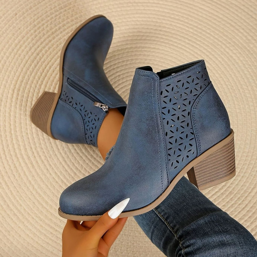 Damen Stiefeletten mit Blockabsatz Laserausschnitt Reißverschluss - Blau