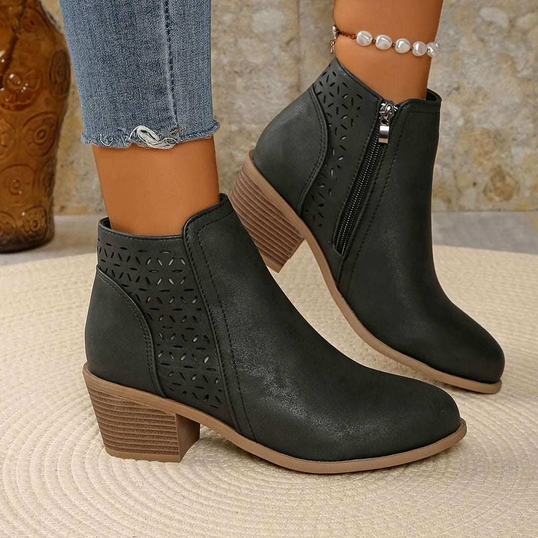 Damen Stiefeletten mit Blockabsatz Laserausschnitt Reißverschluss