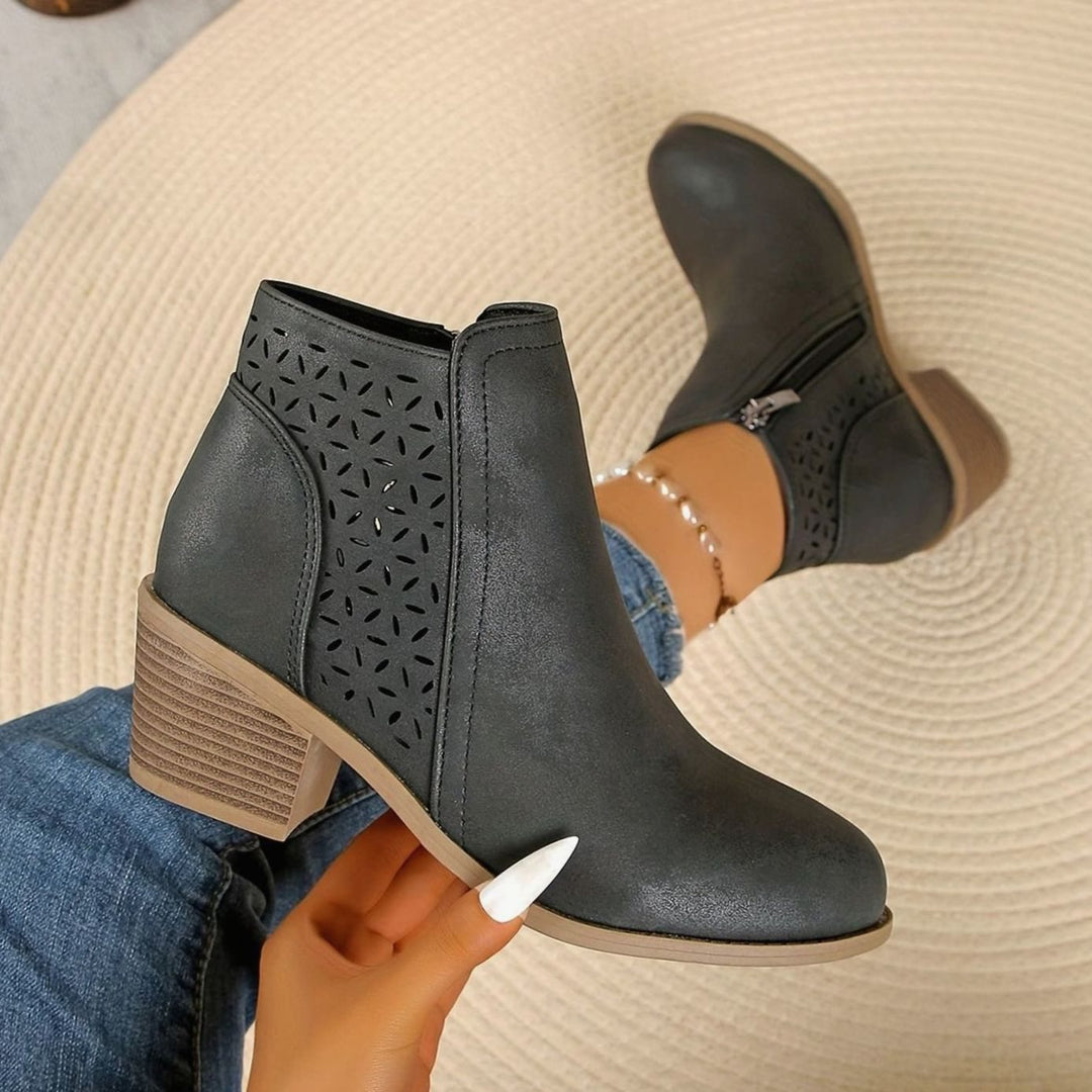 Damen Stiefeletten mit Blockabsatz Laserausschnitt Reißverschluss