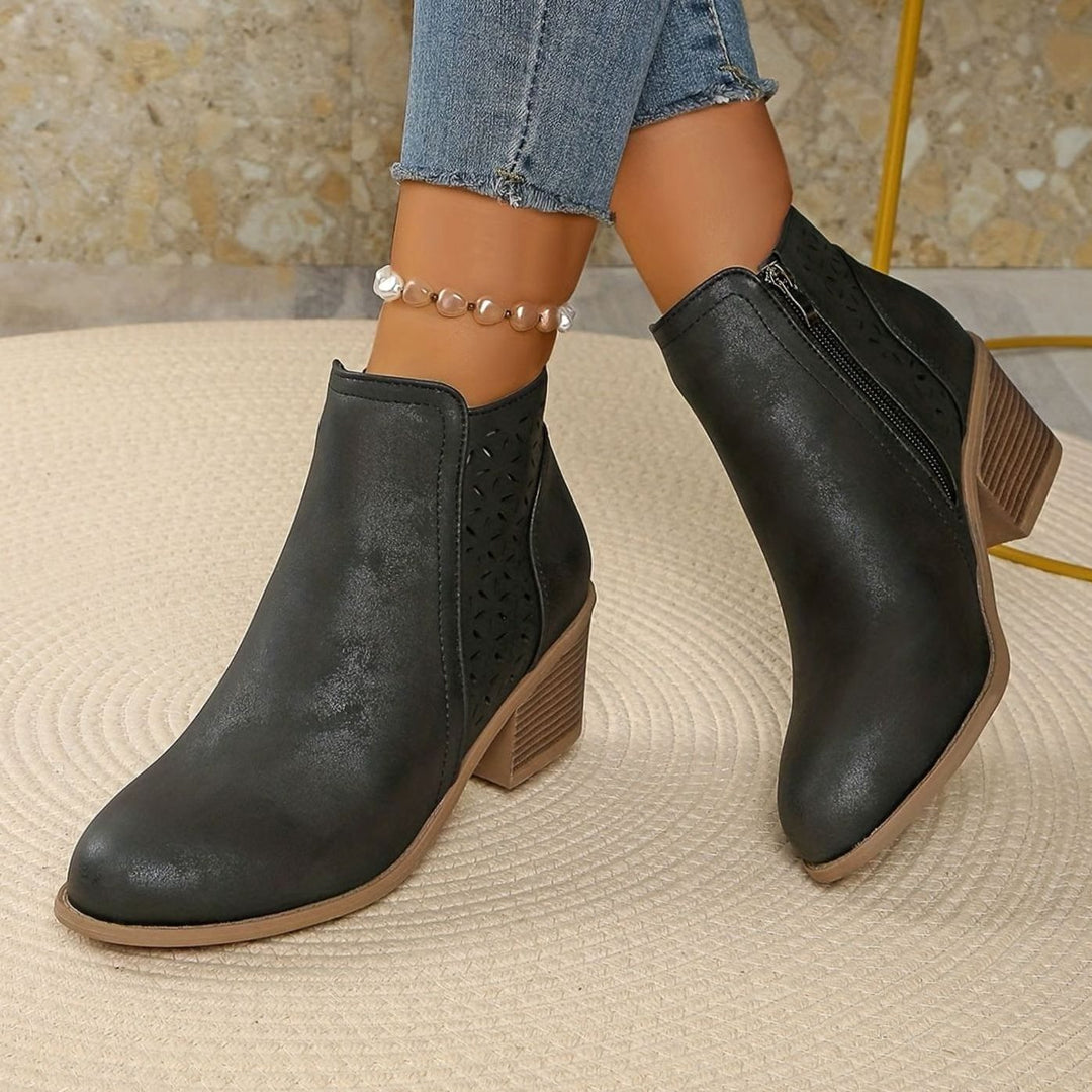 Damen Stiefeletten mit Blockabsatz Laserausschnitt Reißverschluss