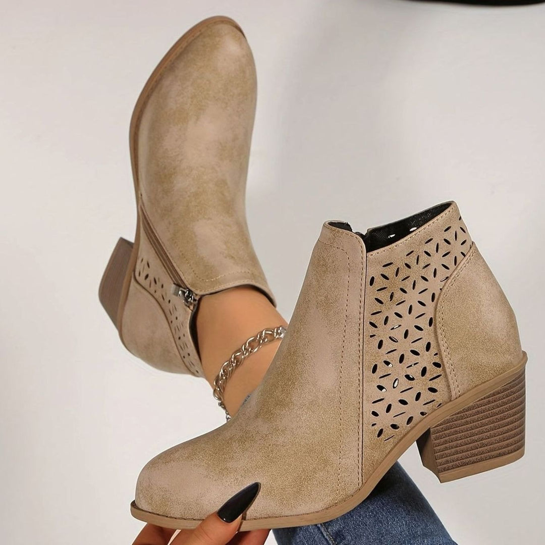 Damen Stiefeletten mit Blockabsatz Laserausschnitt Reißverschluss - Beige