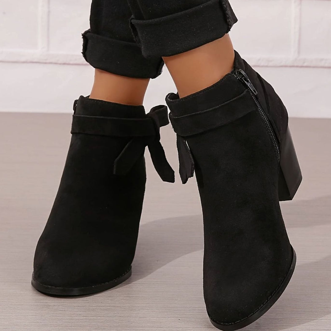 Damen Stiefeletten mit Blockabsatz Schleife Spitzer Zehenbereich