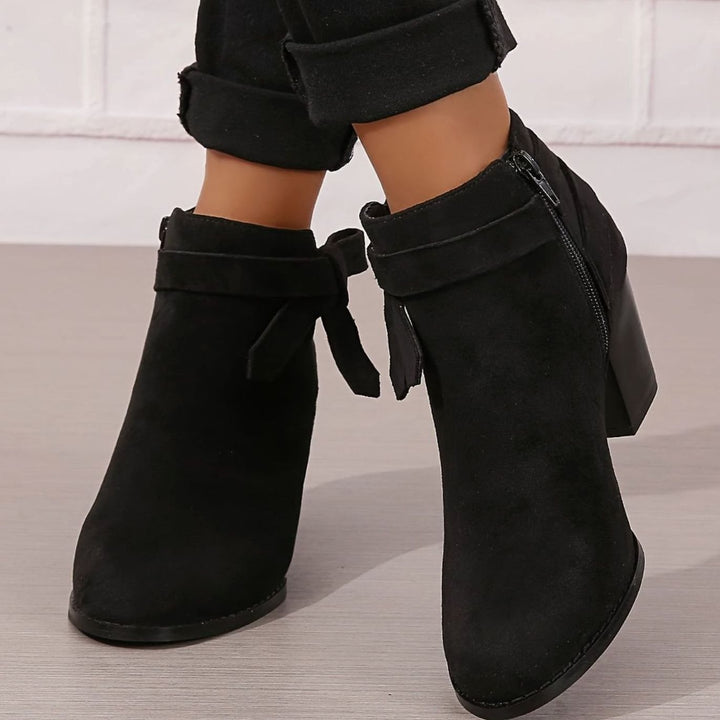 Damen Stiefeletten mit Blockabsatz Schleife Spitzer Zehenbereich