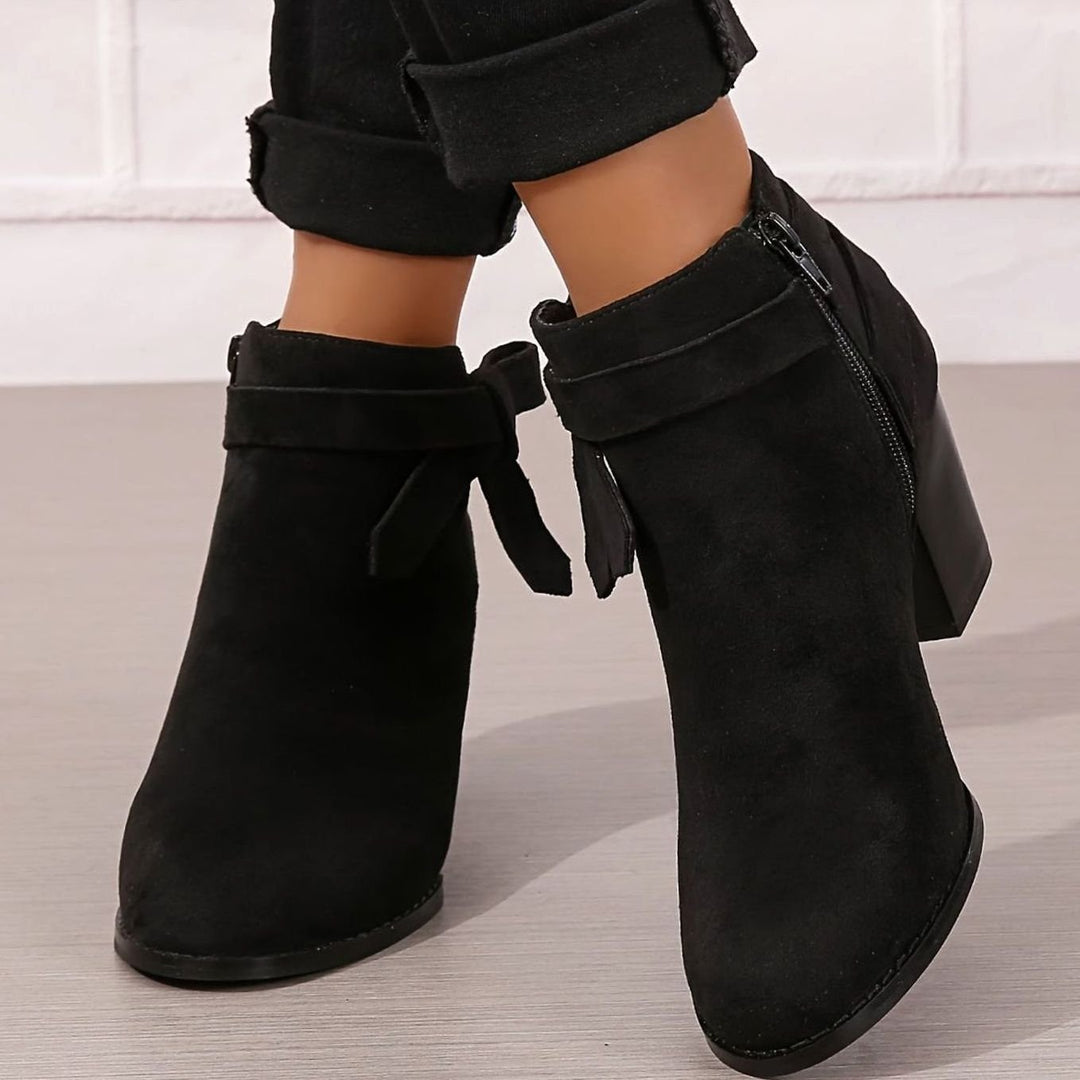 Damen Stiefeletten mit Blockabsatz Schleife Spitzer Zehenbereich - Schwarz