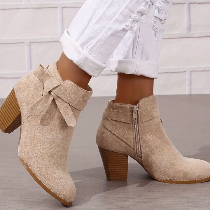 Damen Stiefeletten mit Blockabsatz Schleife Spitzer Zehenbereich