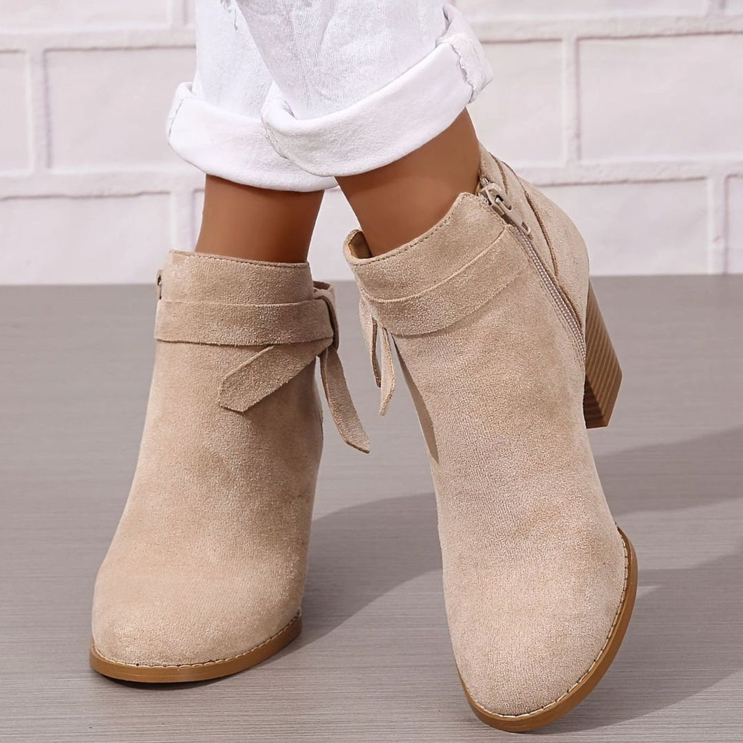 Damen Stiefeletten mit Blockabsatz Schleife Spitzer Zehenbereich
