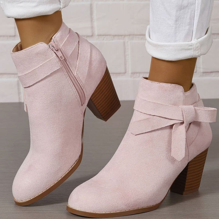 Damen Stiefeletten mit Blockabsatz Schleife Spitzer Zehenbereich - Rosa