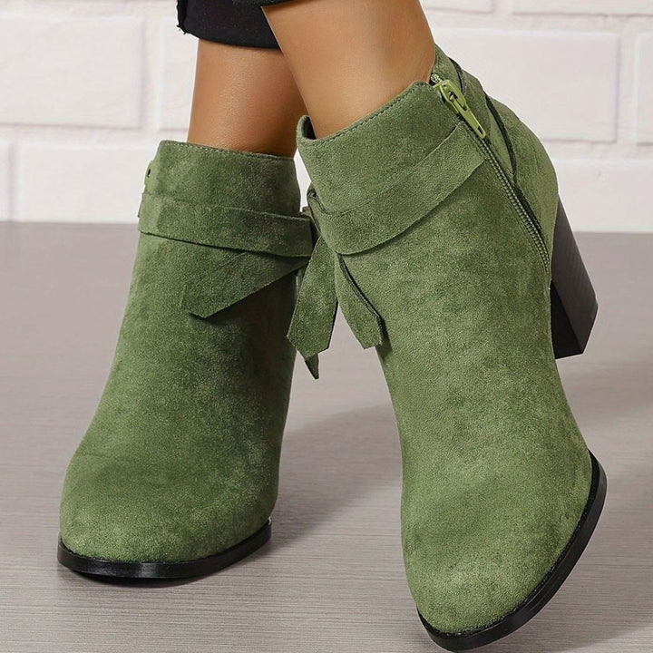 Damen Stiefeletten mit Blockabsatz Schleife Spitzer Zehenbereich