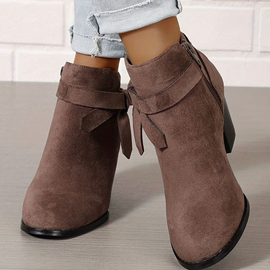 Damen Stiefeletten mit Blockabsatz Schleife Spitzer Zehenbereich