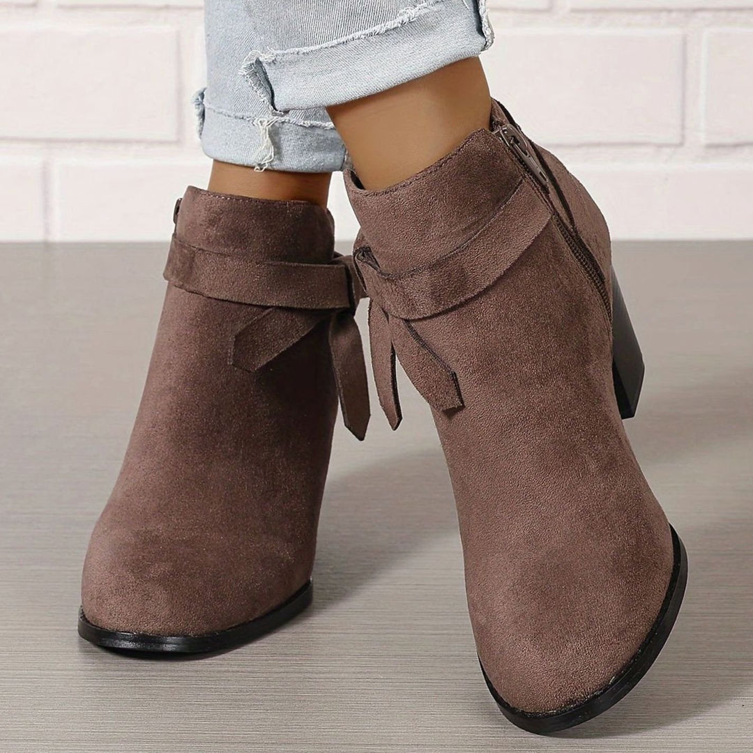 Damen Stiefeletten mit Blockabsatz Schleife Spitzer Zehenbereich