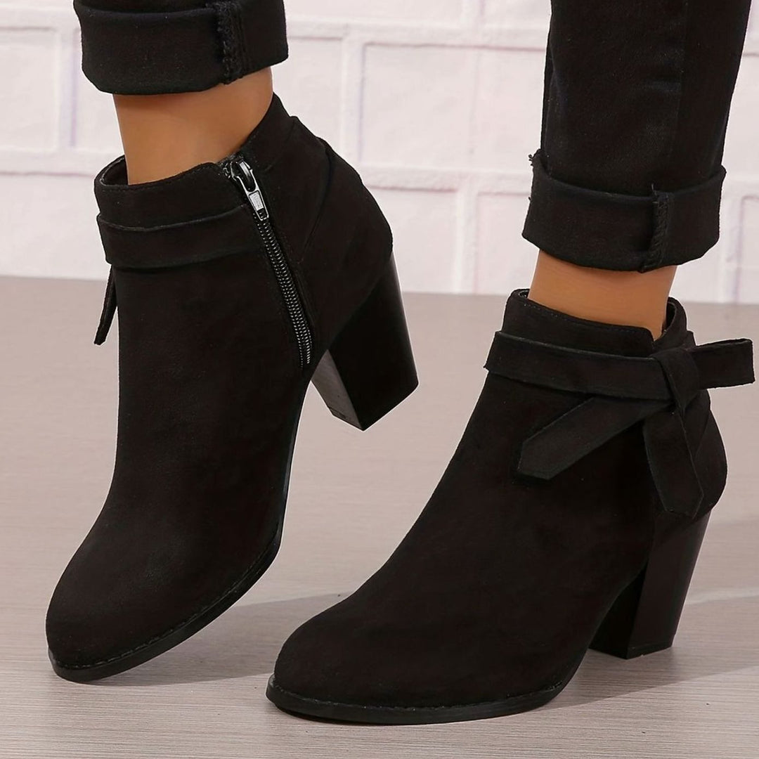 Damen Stiefeletten mit Blockabsatz Schleife Spitzer Zehenbereich