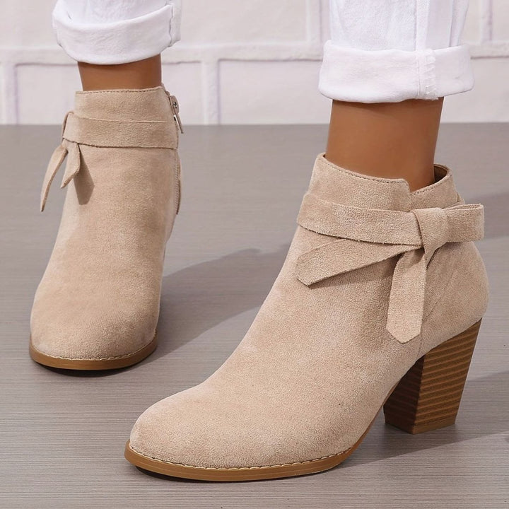 Damen Stiefeletten mit Blockabsatz Schleife Spitzer Zehenbereich - Beige