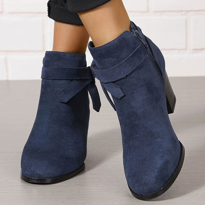 Damen Stiefeletten mit Blockabsatz Schleife Spitzer Zehenbereich