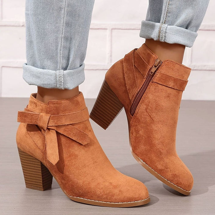Damen Stiefeletten mit Blockabsatz Schleife Spitzer Zehenbereich