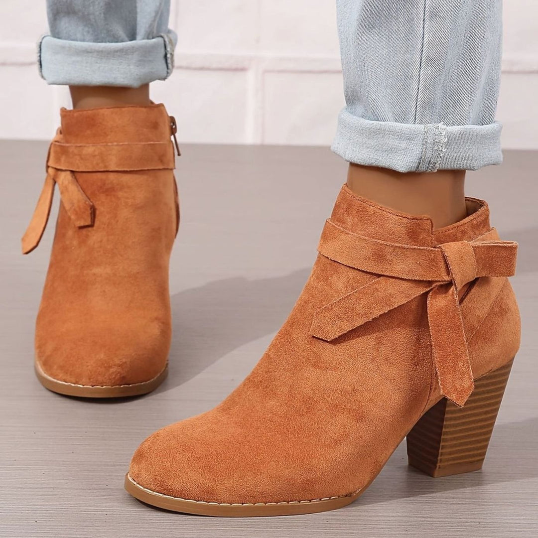 Damen Stiefeletten mit Blockabsatz Schleife Spitzer Zehenbereich