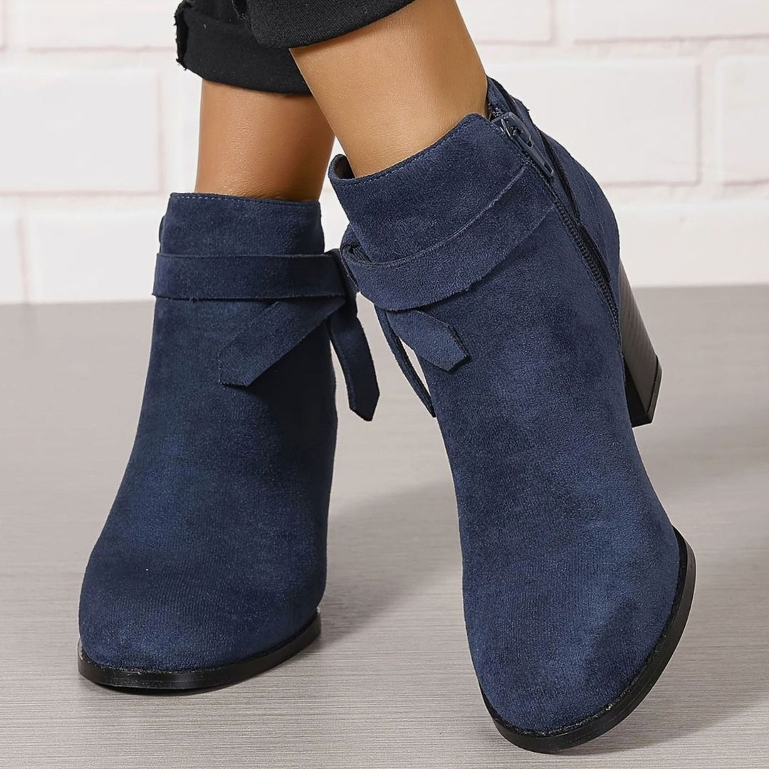 Damen Stiefeletten mit Blockabsatz Schleife Spitzer Zehenbereich - Blau