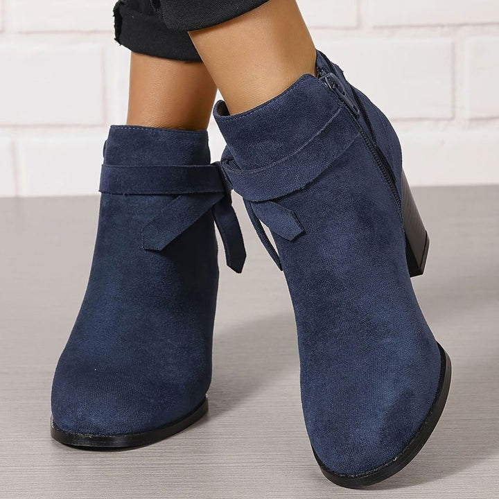 Damen Stiefeletten mit Blockabsatz Schleife Spitzer Zehenbereich - Blau