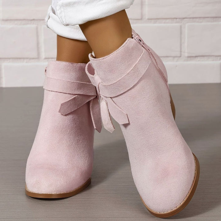 Damen Stiefeletten mit Blockabsatz Schleife Spitzer Zehenbereich