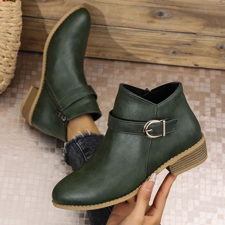 Damen Stiefeletten mit Blockabsatz Schnallendetail Seitenreißverschluss