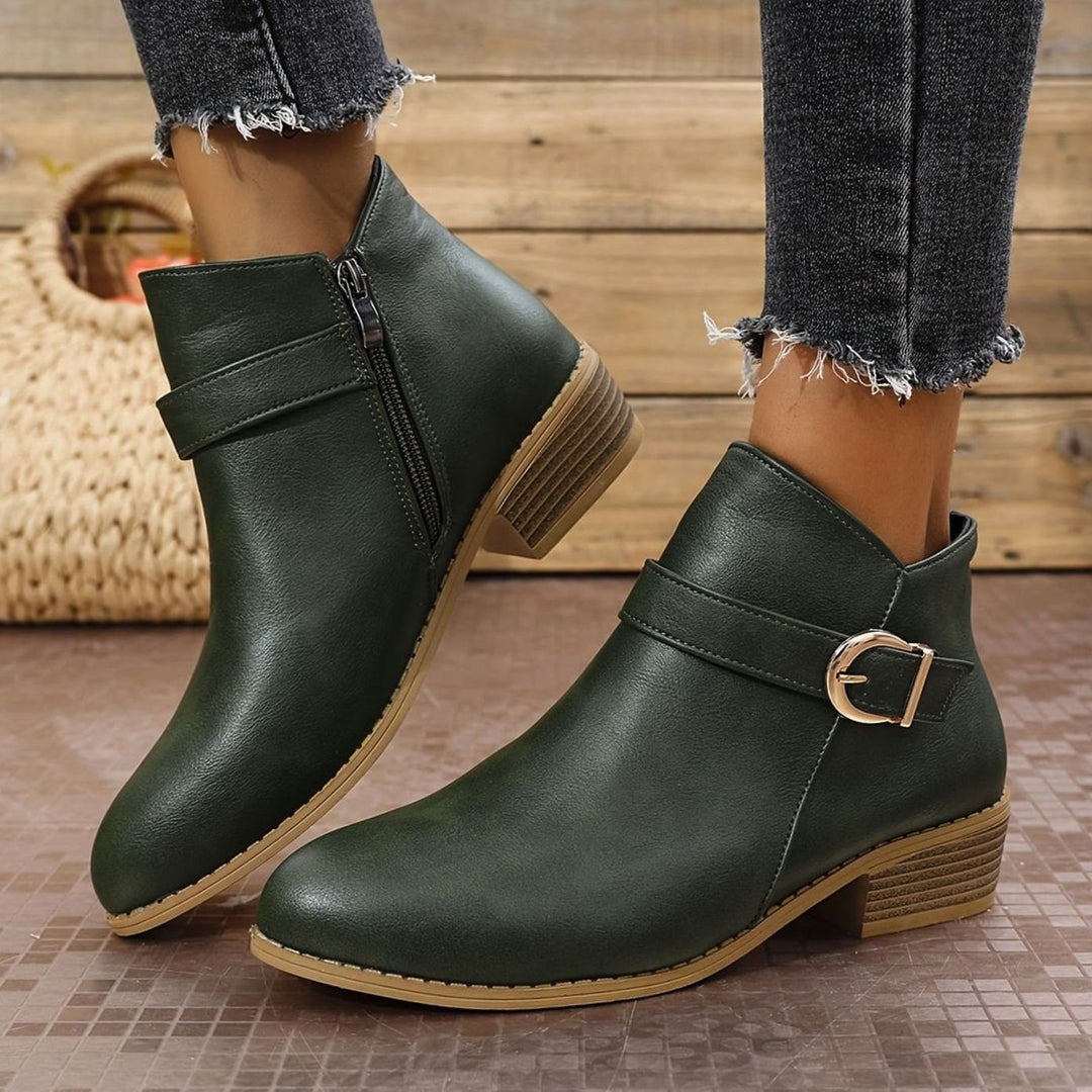 Damen Stiefeletten mit Blockabsatz Schnallendetail Seitenreißverschluss - Grün