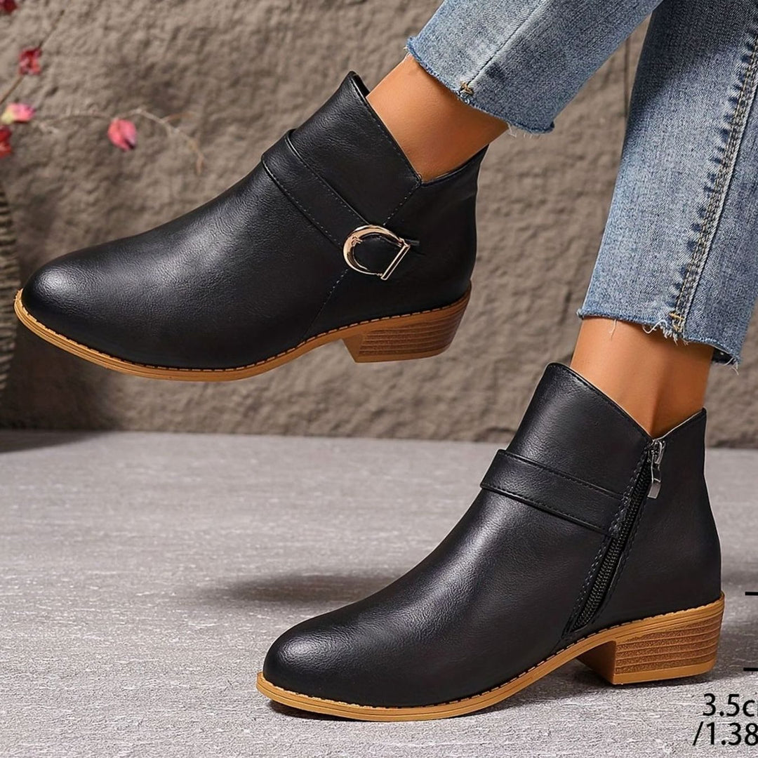 Damen Stiefeletten mit Blockabsatz Schnallendetail Seitenreißverschluss - Schwarz