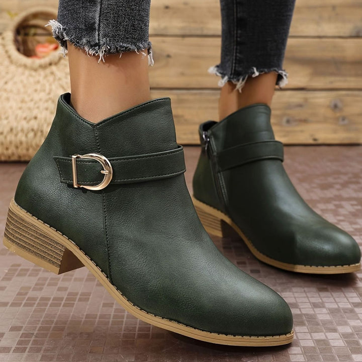Damen Stiefeletten mit Blockabsatz Schnallendetail Seitenreißverschluss