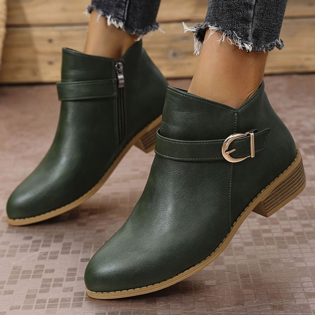 Damen Stiefeletten mit Blockabsatz Schnallendetail Seitenreißverschluss