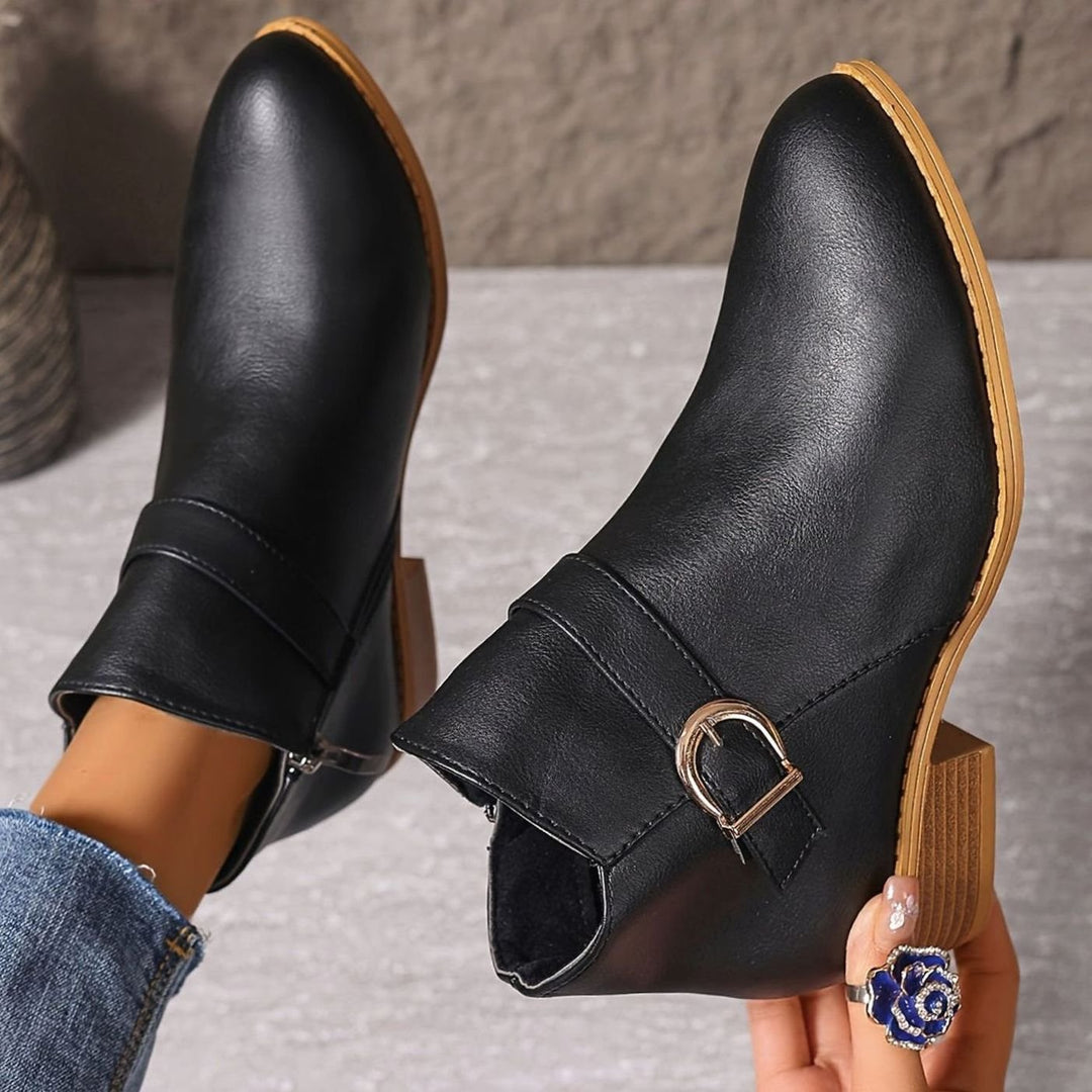 Damen Stiefeletten mit Blockabsatz Schnallendetail Seitenreißverschluss