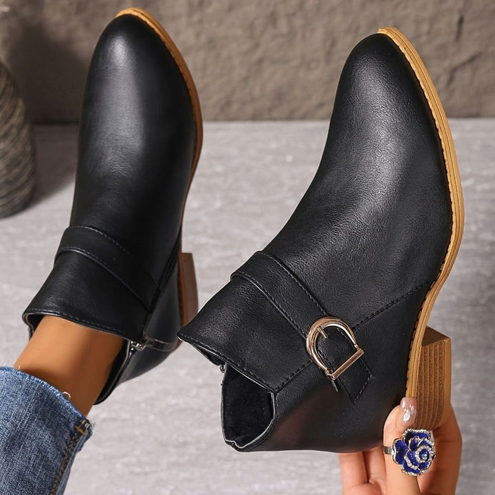 Damen Stiefeletten mit Blockabsatz Schnallendetail Seitenreißverschluss