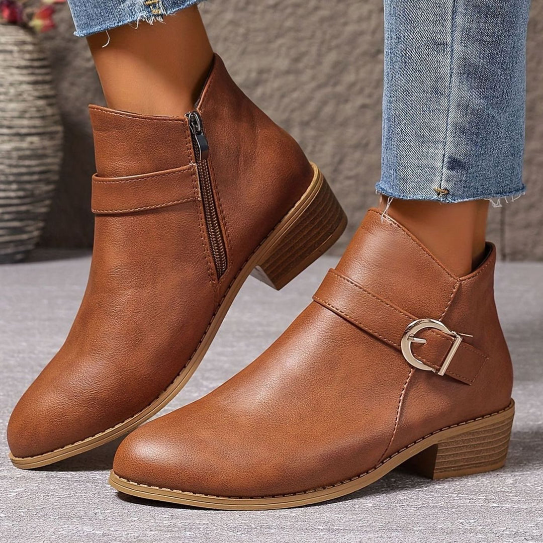 Damen Stiefeletten mit Blockabsatz Schnallendetail Seitenreißverschluss
