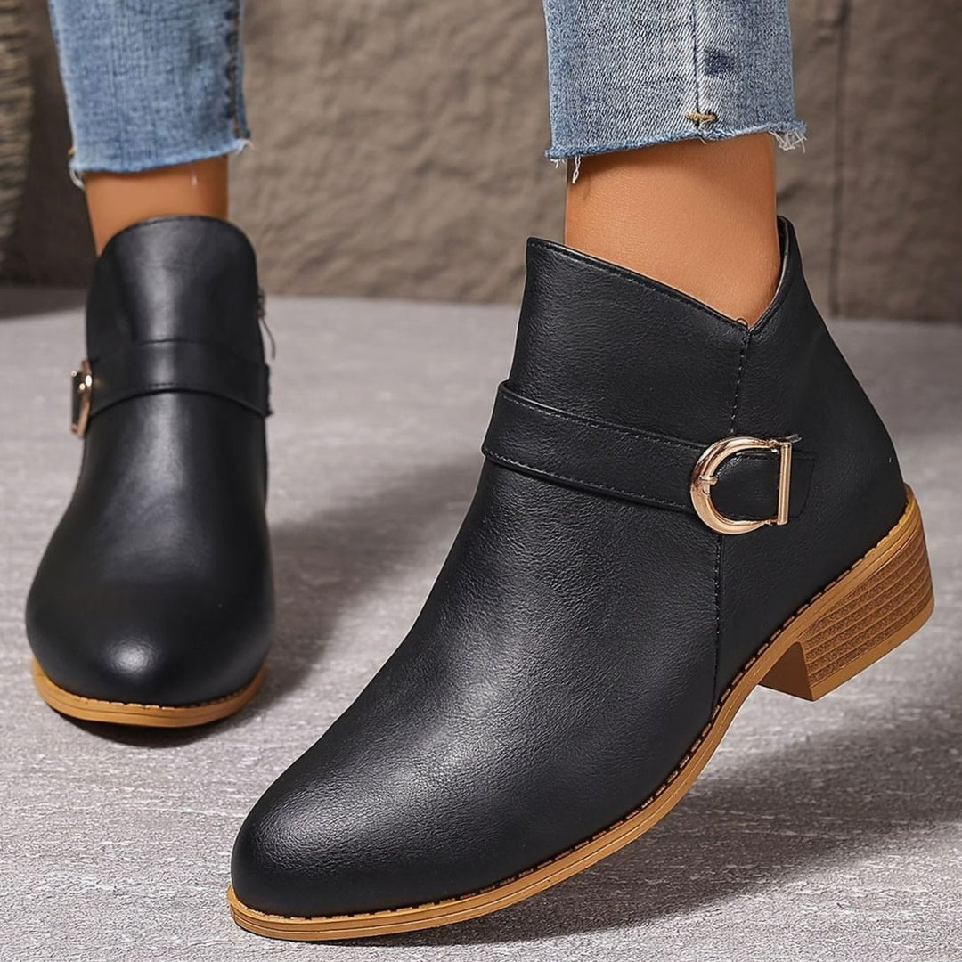 Damen Stiefeletten mit Blockabsatz Schnallendetail Seitenreißverschluss