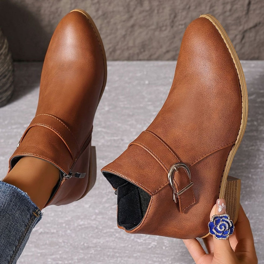 Damen Stiefeletten mit Blockabsatz Schnallendetail Seitenreißverschluss