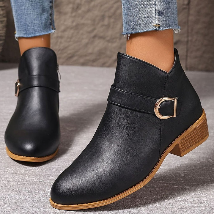 Damen Stiefeletten mit Blockabsatz Schnallendetail Seitenreißverschluss