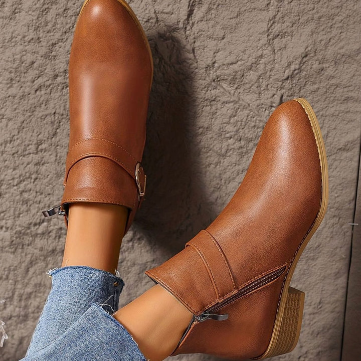 Damen Stiefeletten mit Blockabsatz Schnallendetail Seitenreißverschluss
