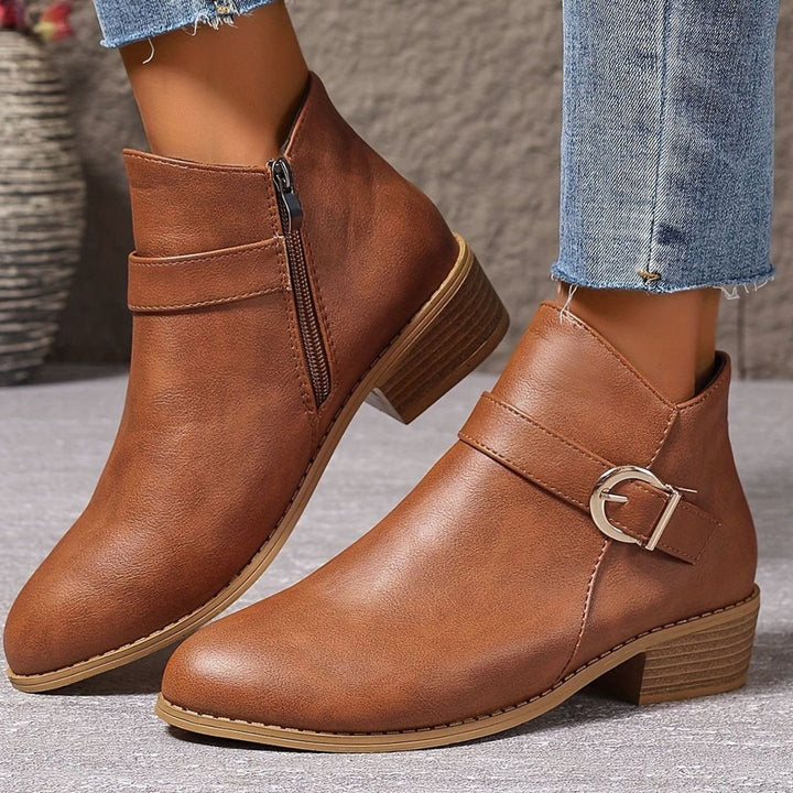 Damen Stiefeletten mit Blockabsatz Schnallendetail Seitenreißverschluss - Braun
