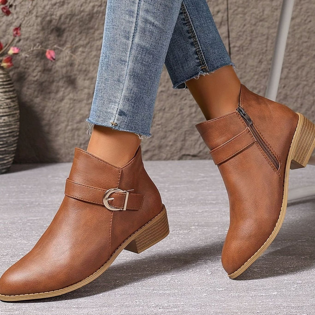 Damen Stiefeletten mit Blockabsatz Schnallendetail Seitenreißverschluss