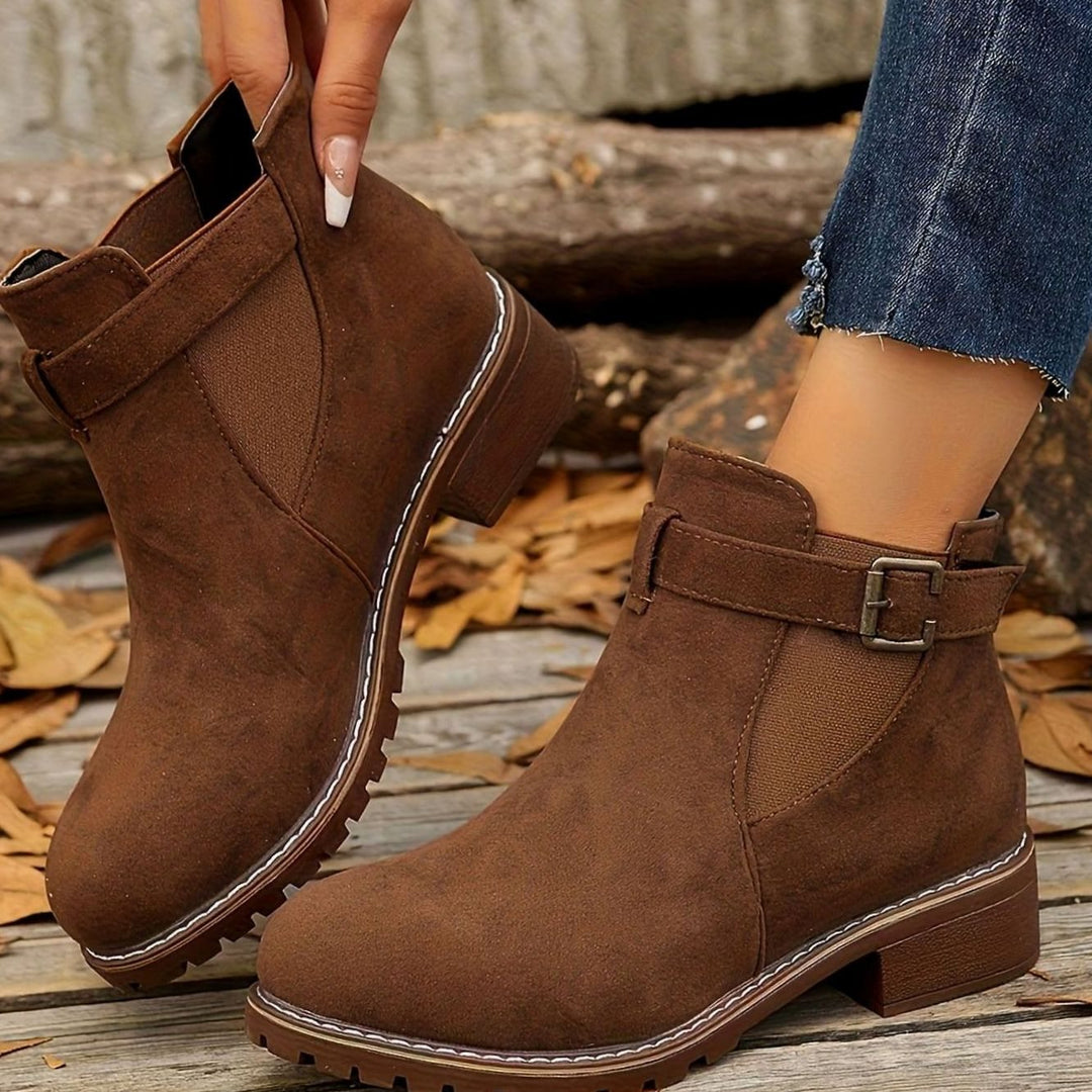 Damen Stiefeletten mit Blockabsatz Schnallenriemen Chelsea-Stil