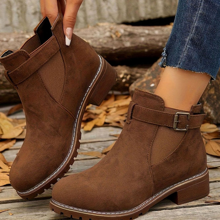 Damen Stiefeletten mit Blockabsatz Schnallenriemen Chelsea-Stil